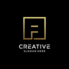 Creative monogram logo design initial letter f with square line art and golden color style