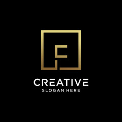 Creative monogram logo design initial letter f with square line art and golden color style