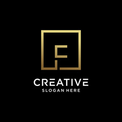 Obraz premium Creative monogram logo design initial letter f with square line art and golden color style
