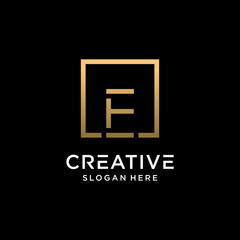 Creative monogram logo design initial letter e with square line art and golden color style