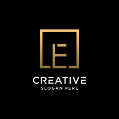 Obraz premium Creative monogram logo design initial letter e with square line art and golden color style