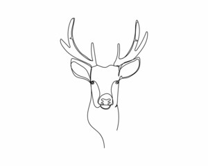 Continuous one line drawing of new year 2022 christmas reindeer in silhouette icon on a white background. Linear stylized.