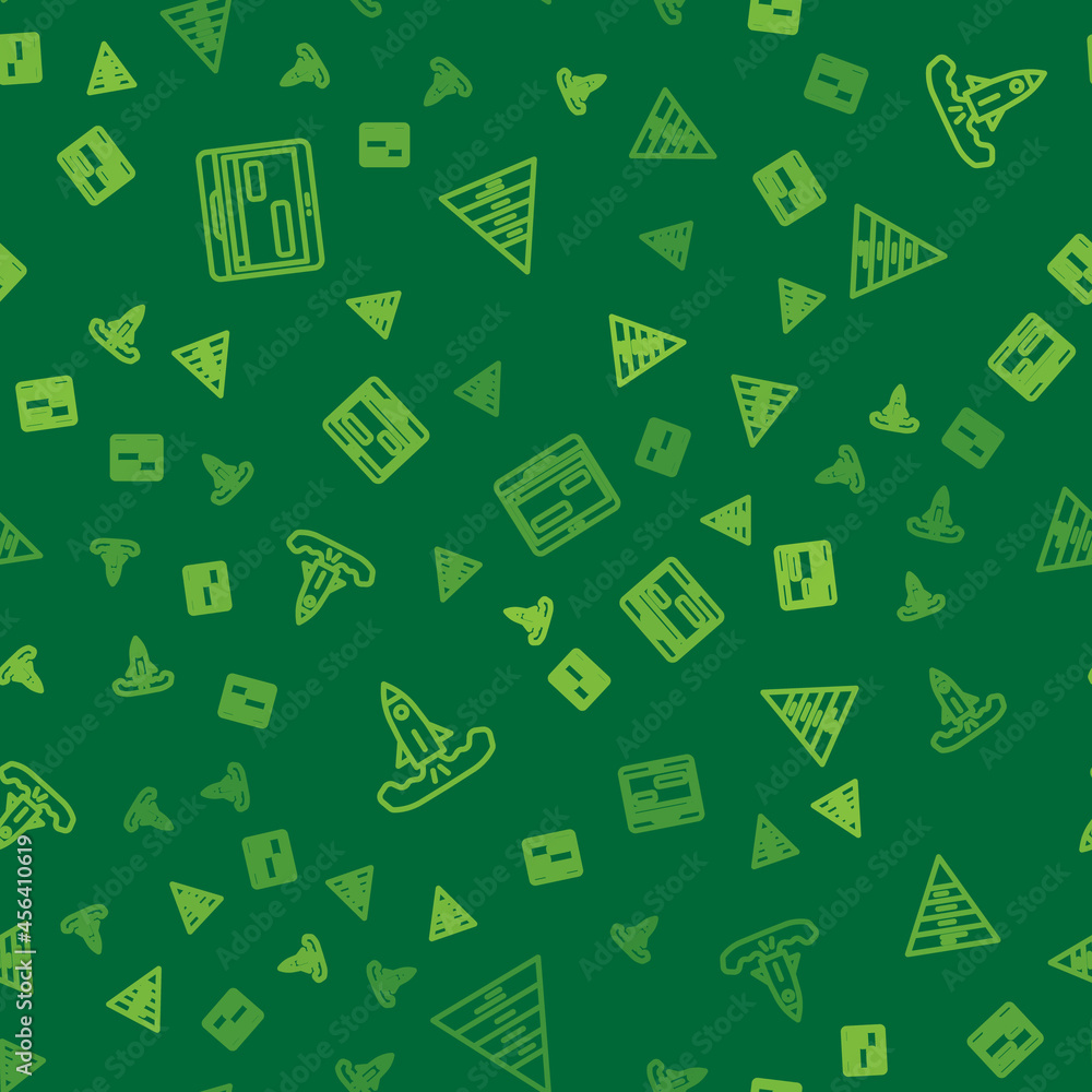 Poster Set line Chat messages on laptop, Rocket and Pyramid chart infographics on seamless pattern. Vector