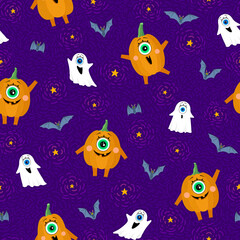 Fototapeta na wymiar Pattern for Halloween. Pumpkins, bats, ghosts and glowing stars on a purple background