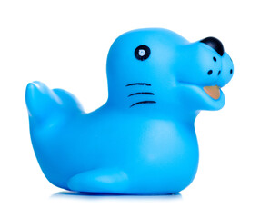 rubber baby bath toy fur seal on white background isolation