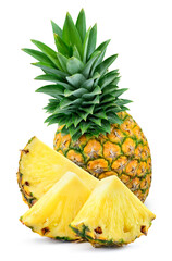 Pineapple with leaves and slices isolated. Whole and cut pineapple on white background. Full depth of field. - obrazy, fototapety, plakaty