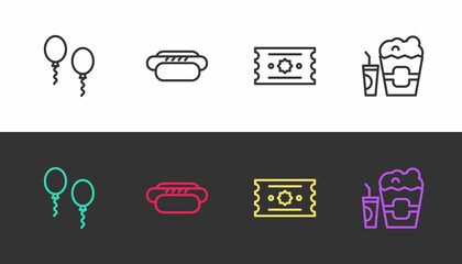 Set line Balloons, Hotdog, Ticket and Popcorn in box and glass on black and white. Vector