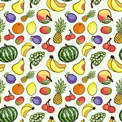 Vegan food. World Vegan Day.  Seamless vector pattern of fruits in the doodle style