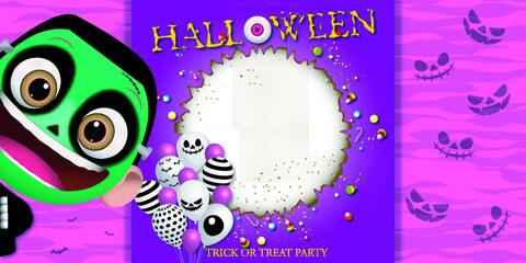 Smiling child dressed as a monster for Halloween, with purple background, with white central circle for texts or logos, decorated with sweets and candies and balloons with Halloween motive