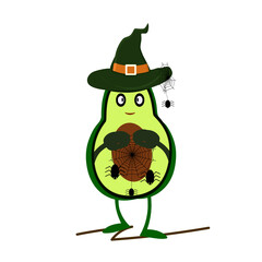Avocado goes to Halloween. Dressed as a wedbma and took a spider web with him. Green and light green avocado, green witch hat, black spiders and spider webs.Cartoon style. Application of textiles, pri