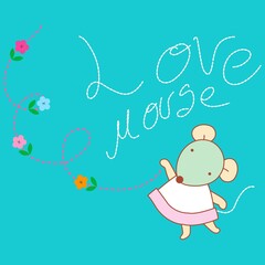 Cute mouse with dress and flowers lines in background