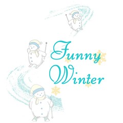 Illustration snow man skiing with friends and text Funny Winter