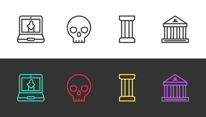 Set line Online museum, Human skull, Ancient column and Museum building on black and white. Vector