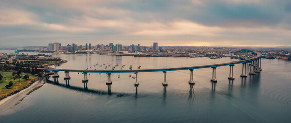 Aerial panorama of Coronado Bridge and San Diego Skyline.