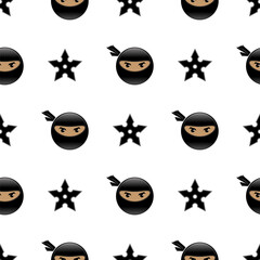Cartoon Ninja Face Icon Isolated on White Background. Warrior Logo. Seamless Pattern © valeo5