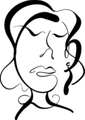 The girl's face is drawn in black pencil without taking her hands off the sheet.