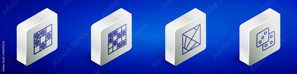 Aufkleber set isometric line board game of checkers, , rubik cube and game dice icon. vector