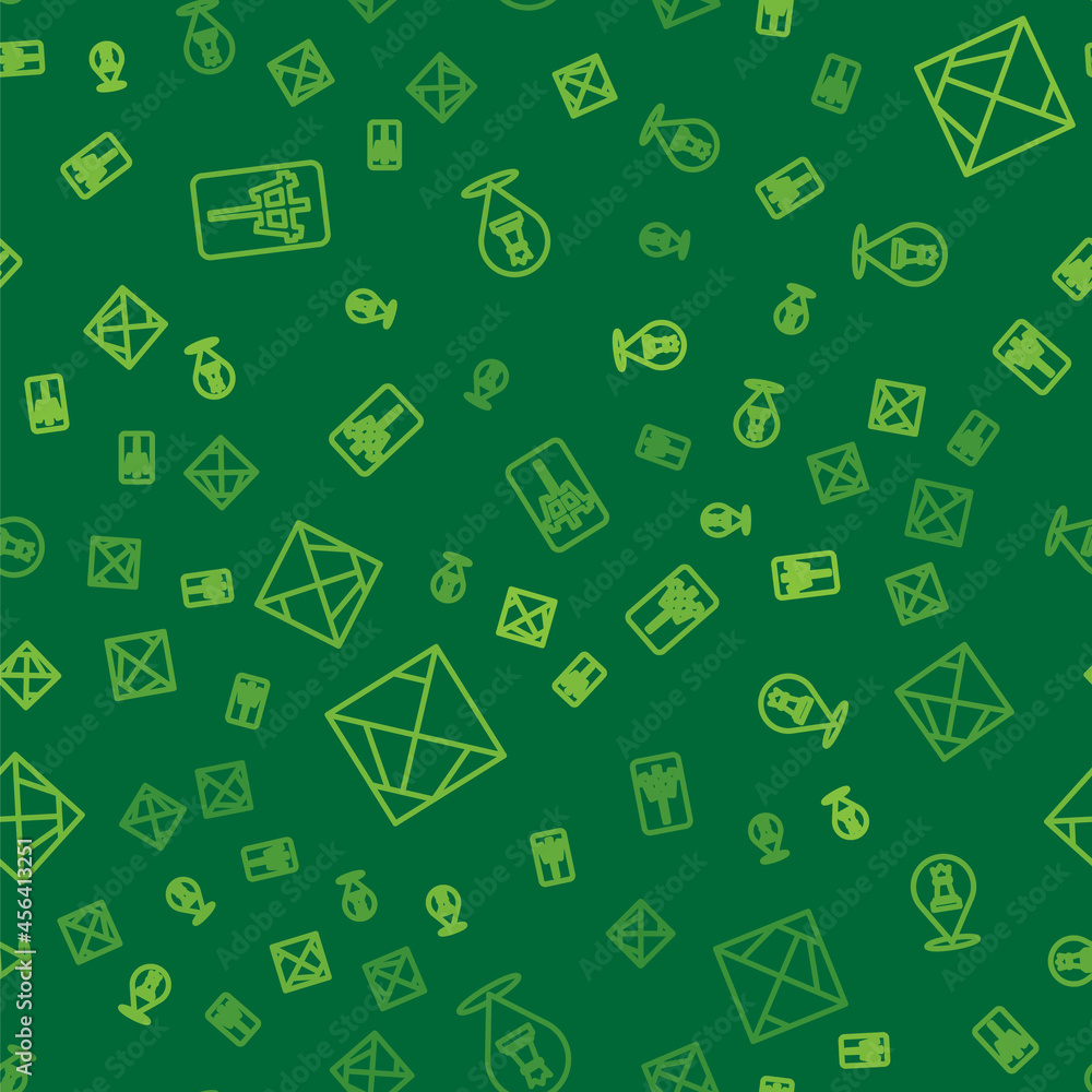 Poster set line mahjong pieces, rubik cube and chess on seamless pattern. vector