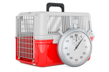 Stopwatch with pet travel plastic cage, 3D rendering