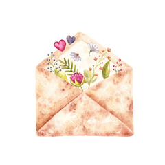 Watercolor hand-drown envelope with colorful flowers, leaves, book and envelope