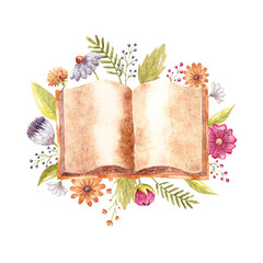 Watercolor hand-drown book with colorful flowers, leaves, book and envelope