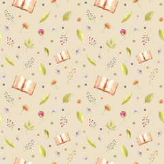 Watercolor hand-drown seamless pattern with colorful flowers, leaves, book and envelope