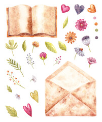 Watercolor hand-drown set with colorful flowers, leaves, book and envelope