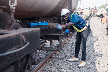 Fototapeta na wymiar African machine engineer technician wearing a helmet, groves and safety vest is using a wrench to repair the train transport gas and oil
