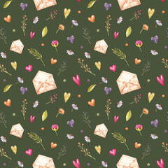 Watercolor hand-drown seamless pattern with colorful flowers, leaves, book and envelope