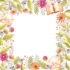Watercolor hand-drown frame with colorful flowers, leaves, book and envelope