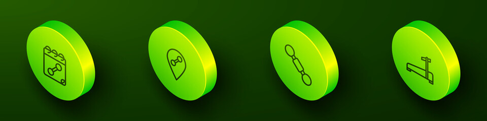 Set Isometric line Calendar fitness, Location gym, Dumbbell and Treadmill machine icon. Vector