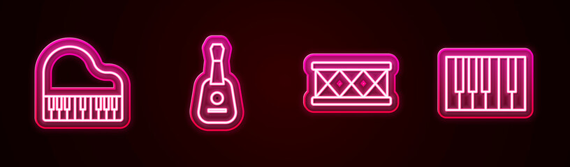 Set line Grand piano, Guitar, Drum and . Glowing neon icon. Vector