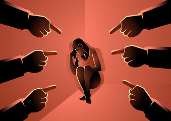 Sad or depressed woman sitting cornered surrounded by pointing hands