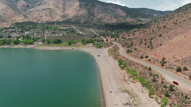 Aerial: Flying over Topaz Lake and desert, California, USA
