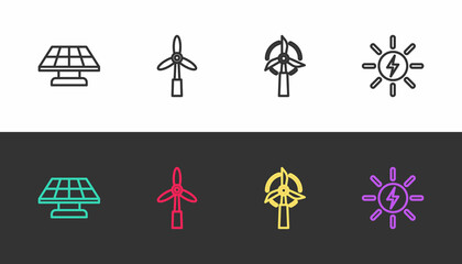Set line Solar energy panel, Wind turbine, and on black and white. Vector