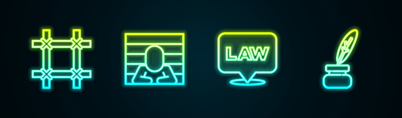 Set line Prison window, Prisoner, Location law and Feather and inkwell. Glowing neon icon. Vector