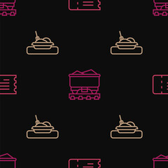 Set line Train ticket, Plate with food and Coal train wagon on seamless pattern. Vector