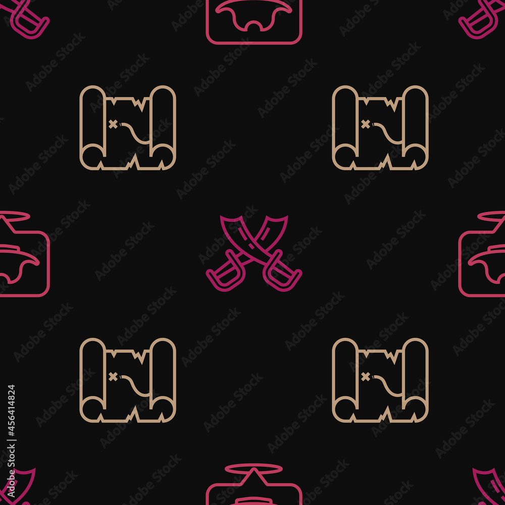 Poster set line location pirate, pirate treasure map and crossed swords on seamless pattern. vector