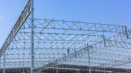New Roof Structure Steel Beams Girders Large Building Warehouse Factory Construction Site