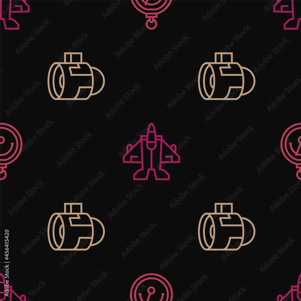 Poster set line barometer, jet engine turbine and fighter on seamless pattern. vector