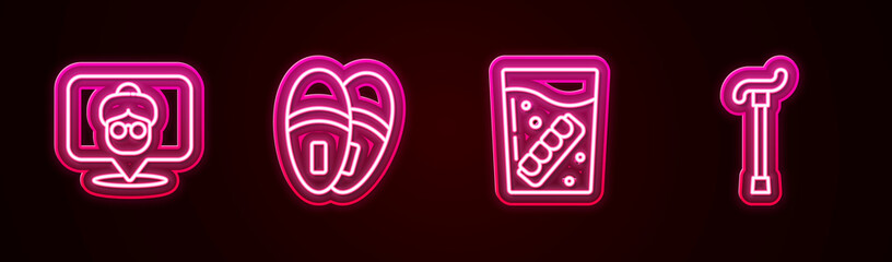 Set line Nursing home, Slippers, False jaw glass and Walking stick cane. Glowing neon icon. Vector