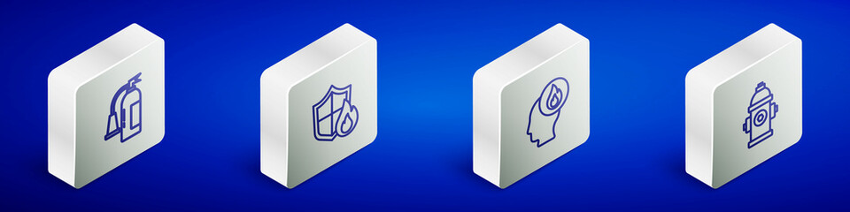 Set Isometric line Fire extinguisher, protection shield, Firefighter and hydrant icon. Vector