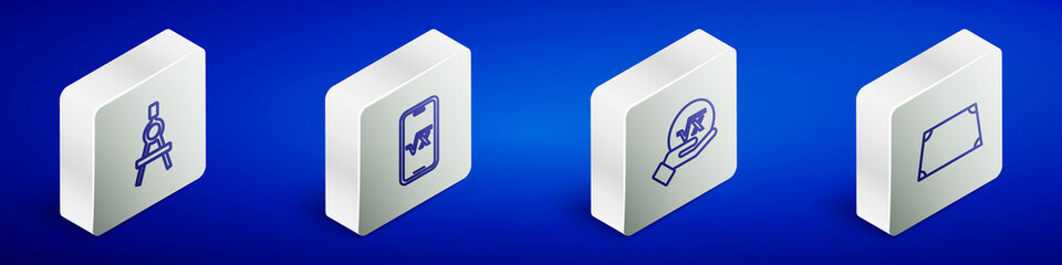Set Isometric line Drawing compass, Square root of x glyph, and Acute trapezoid shape icon. Vector
