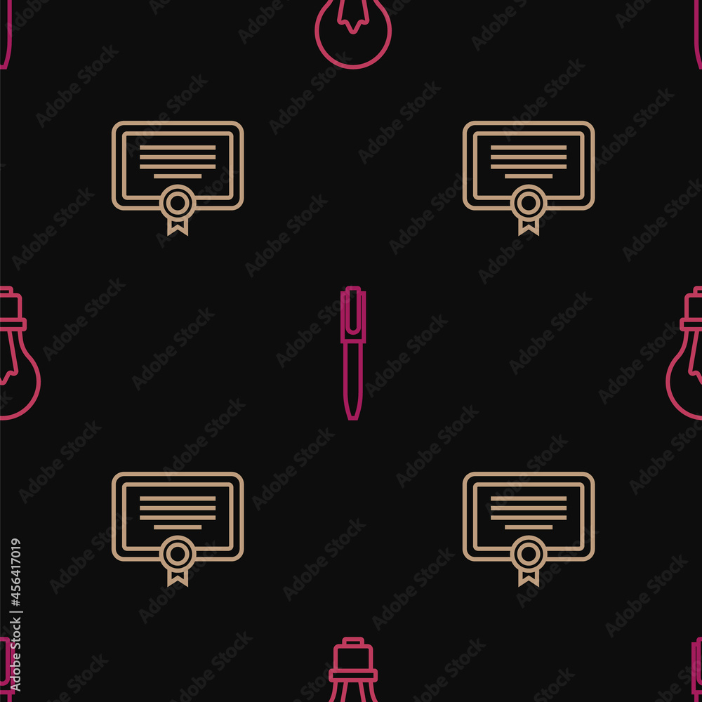 Poster set line light bulb with idea, certificate template and pen on seamless pattern. vector