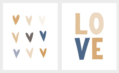 Cute Valentine's Day Vector Illustration. Simple Hand Drawn Romantic Prints with Handwritten Love and Cute Little Hearts Isoleted on a White Background. Minimalist Abstract Love Art for Card, Poster,