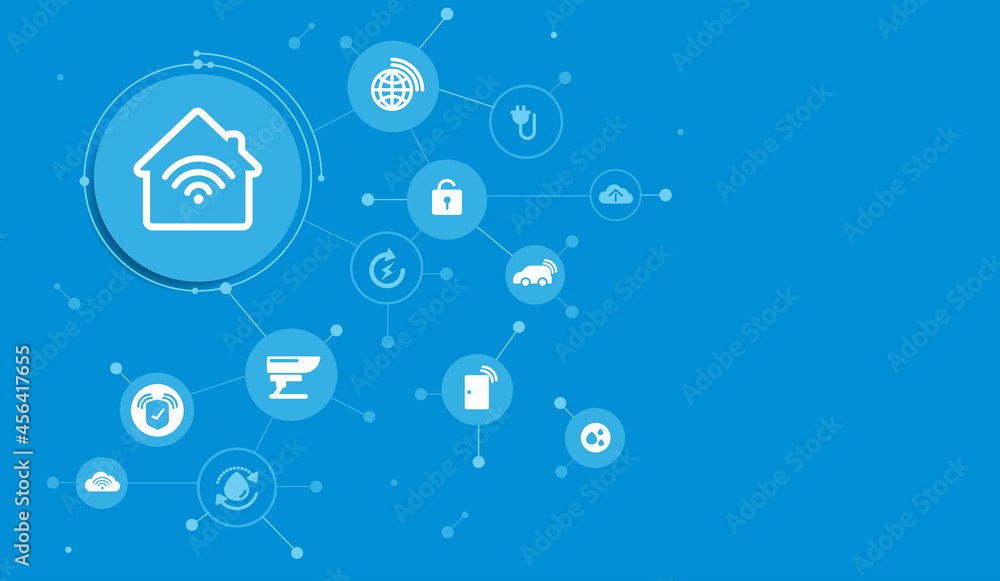 Poster smart home interface icons in room interior. concept control and modern technology on a virtual scre