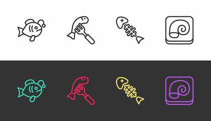Set line Tropical fish, Served on plate, Fish skeleton and Octopus on black and white. Vector