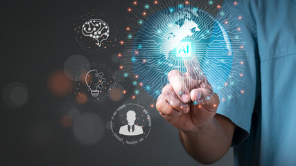 The Businessman's hand working concept. Artificial Intelligence (AI), machine learning with data mining technology on virtual dashboards.Double Exposure.