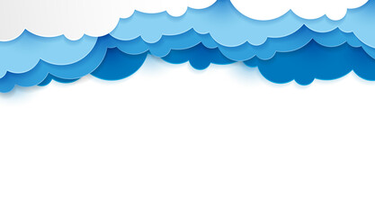 Beautiful fluffy blue clouds paper cut art style.  Place for text. vector design