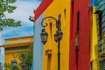Caminito Street, in La Boca, street lamp with the colorful buildings in Buenos Aires